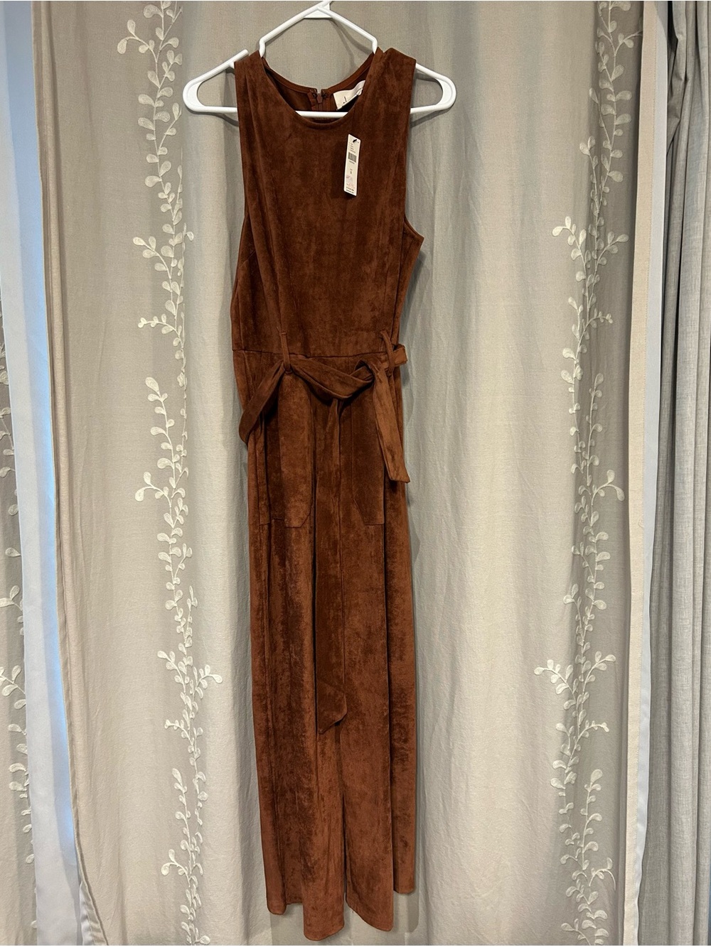 Brown Suede Sleeveless Jumpsuit with Waist Tie
